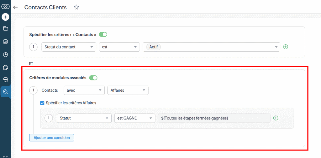 Zoho crm critères module associé
